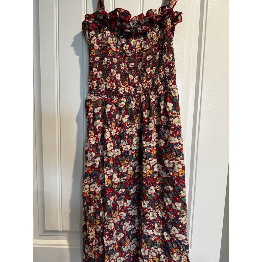 Natural Life Womens M Floral Smocked Maxi Dress Red Boho Cottagecore Rayon Slit - Picture 2 of 9